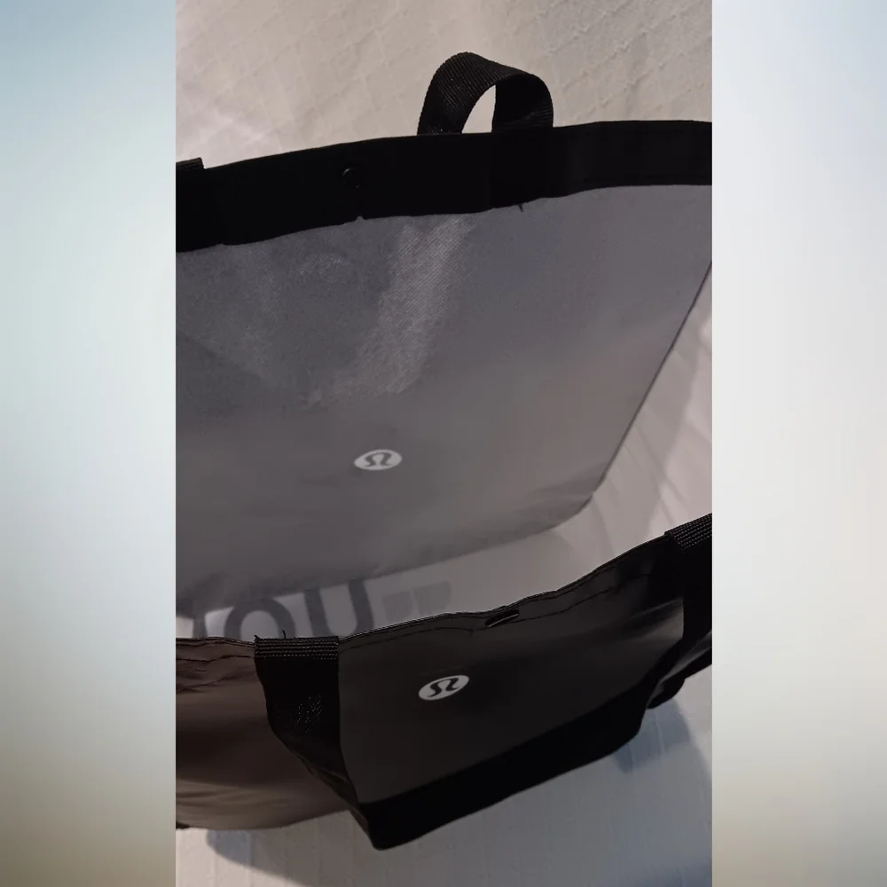 Lululemon Reusable Tote Bag with Snap-On Button and Handles Black White